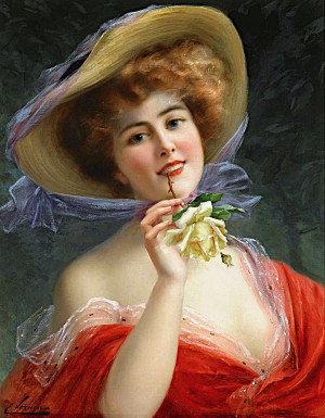 Beautiful Elegant Lady In Red With Yellow Rose_OSG